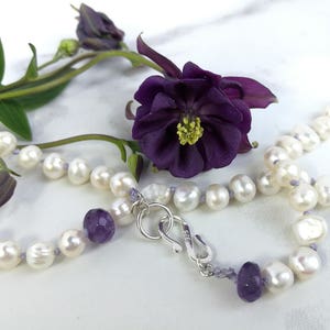 Knotted Pearl necklace with Amethyst & Sterling Silver. Contemporary Pearl and Amethyst hand-knotted necklace. June and February Birthstones image 5