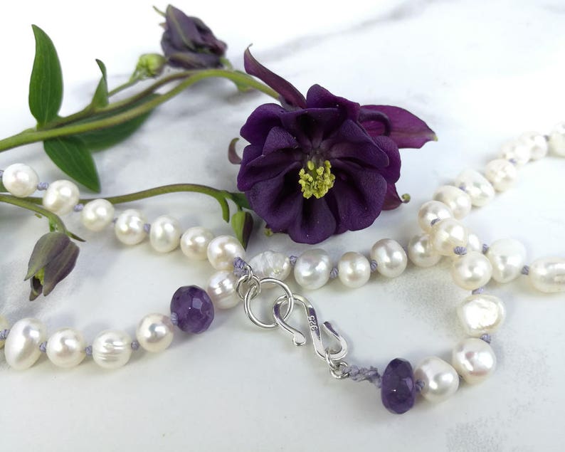 Knotted Pearl necklace with Amethyst & Sterling Silver. Contemporary Pearl and Amethyst hand-knotted necklace. June and February Birthstones image 5