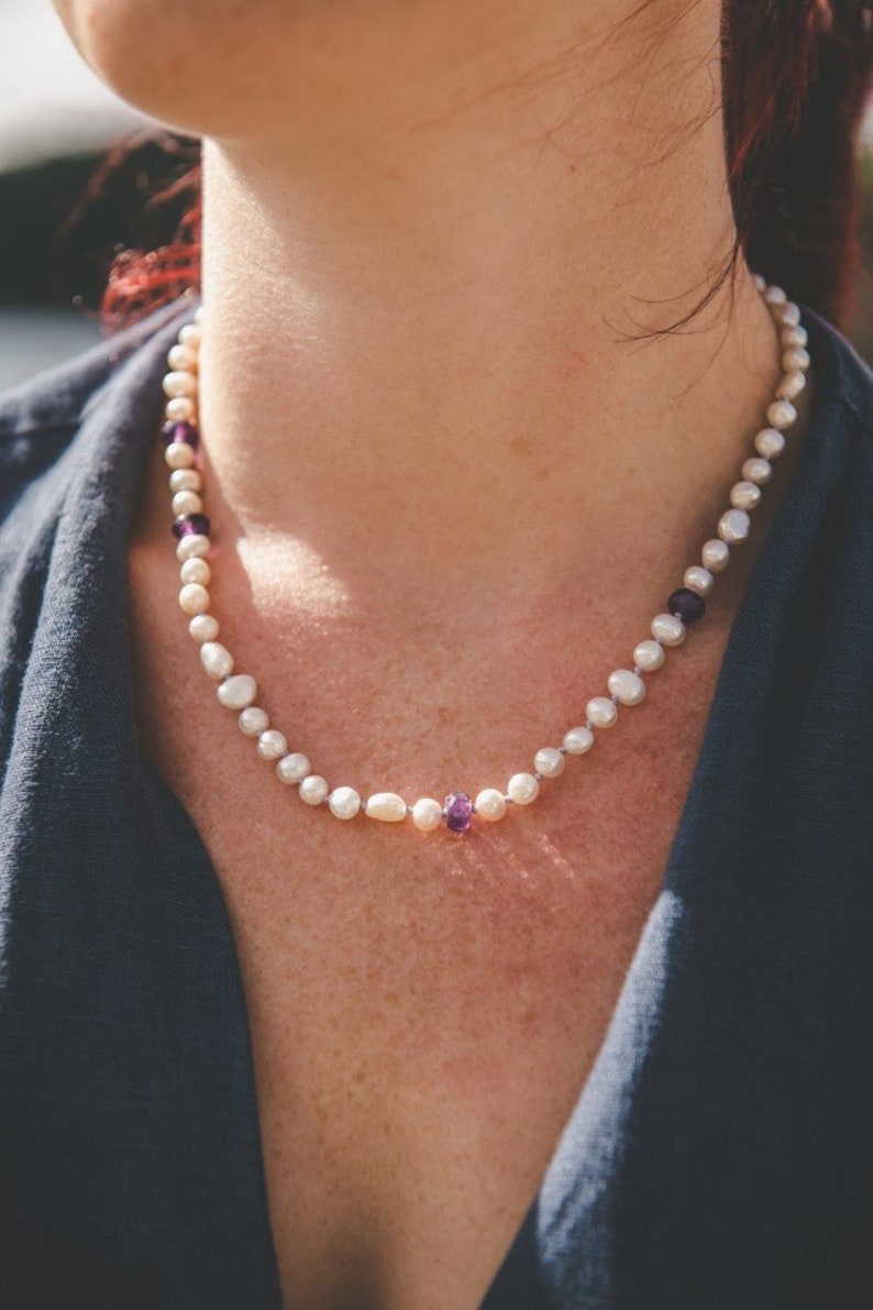 Knotted Pearl necklace with Amethyst & Sterling Silver. Contemporary Pearl and Amethyst hand-knotted necklace. June and February Birthstones image 1