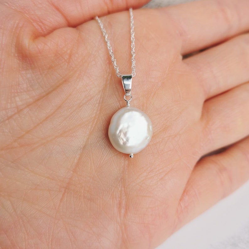 LAST ONE Small Coin Pearl pendant Silver / Gold Classic design for modern brides, June birthday, 30th wedding anniversary, The Vow image 5