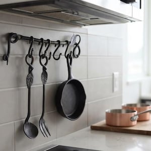 Hand Forged Pot Rack, Wrought Iron Pan Holder, Blacksmith Kitchen Organizer, Rustic Farmhouse Cookware Storage
