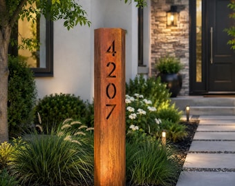 Outdoor House Number Totem, Weathered Metal Address Sign, Solar Lighted Address Column for Front Yard