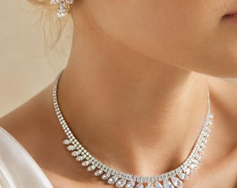 Crystal Bridal Jewelry Set, Rhinestone Necklace and Earrings, Silver Wedding Accessory