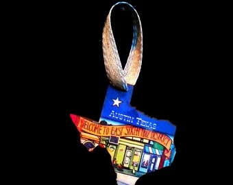 Austin Texas Graffiti Flag Welcome Christmas Ornament / gift tag (with date please request when ordering)