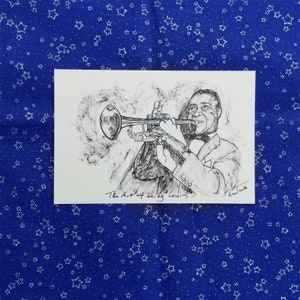 Impressão de Louis Armstrong 4" x 6" (cartão postal em papel aquarela) da minha pintura Sumi-e.