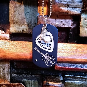 Austin Texas Guitar and Pic anodized aluminum Powder Blue Dog Tag with charms Necklace