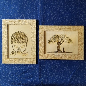 Buddha Peace and Buddha under the Bodhi tree  sketched etching Bodhi Leaves Wood Prints and Frames laser engraved 10.5 x 8 inches