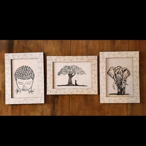 Buddha Peace Elephant Buddha under the Bodhi tree  sketched etching Bodhi Leaves Wood Prints and Frames laser engraved 10.5 x 8 inches