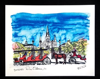 Buggies at Jackson Square, New Orleans La Watercolor - Ink sketched watercolor paper print