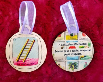 Loteria Mexican Bingo El Escalera (the ladder) double sided ornament / gift tag (con tarjeta de significado en la parte posterior)