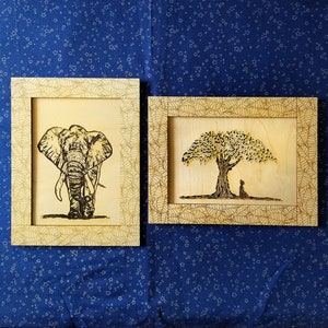 Elephant and Buddha under the Bodhi tree  sketched etching Bodhi Leaves Wood Prints and Frames laser engraved 10.5 x 8 inches