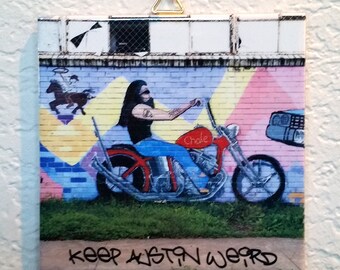 Austin Graffiti Art East side Motorcyclist on Wall Decorative Ceramic Tile 4.25" x 4.25"