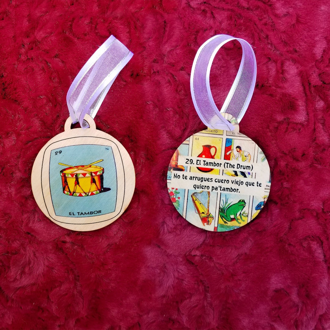Loteria Mexican Bingo El Tambor the Drum Double Sided Ornament / Gift Tag con Tarjeta De