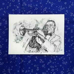 Stampa Louis Armstrong da 5" x 7" (biglietto d'auguri su carta acquerello con envolope) del mio dipinto Sumi-e.