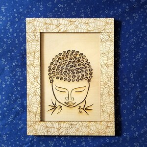 Buddha Peace sketched etching  Bodhi Leaves Wood Print and Frame laser engraved 10.5 x 8 inches