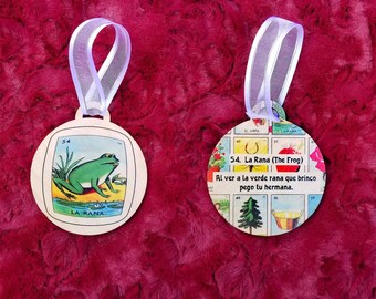 Loteria Mexican Bingo La Rana (the frog) double sided ornament / gift tag (con tarjeta de significado en la parte posterior)