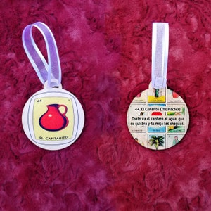 Loteria Mexican Bingo El Cantarito (the Cantin) double sided ornament / gift tag (con tarjeta de significado en la parte posterior)