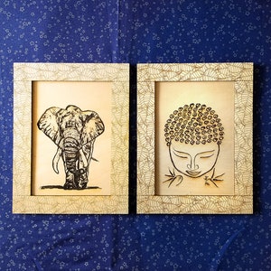 Elephant and Buddha Peace  sketched etching Bodhi Leaves Wood Prints and Frames laser engraved 10.5 x 8 inches