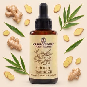May include: An amber glass bottle with a black dropper cap containing ginger essential oil. The label features the text OUDH COUNTRY Purely Essenttal, a line drawing of ginger root, and the words Ginger Essential Oil and Therapeutic Grade Oils.