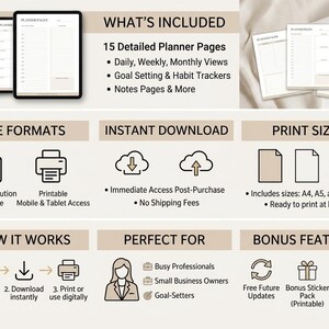 Può includere: Pagine di pianificazione digitale visualizzate su un tablet e fogli stampati. L'immagine include testo che descrive funzionalità come visualizzazioni giornaliere, settimanali e mensili, definizione degli obiettivi e monitoraggio delle abitudini.