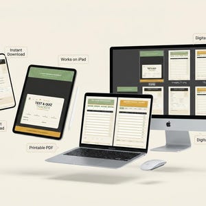 Puede incluir: Seguimiento digital de pruebas y cuestionarios que se muestra en un teléfono inteligente, una tableta, un ordenador portátil y un ordenador de sobremesa. La tableta muestra el texto "TEST & QUIZ TRACKER". La imagen también incluye el texto "Descarga instantánea", "Funciona en iPad" y "PDF imprimible".