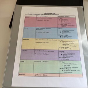 May include: A printed NBCOT study plan for Week 1, organized in a table with color-coded rows for Monday through Saturday. The document lists therapy chapters, practice questions, and supplemental resources for occupational therapy exam preparation.