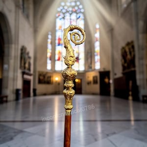 Könnte beinhalten: Ein goldfarbener Bischofsstab aus Metall mit einem kunstvoll verzierten, spiralförmigen Kopf und detaillierten floralen Gravuren, befestigt an einem glatten, dunklen Holzstab. Das Metallteil zeigt eine feine Verarbeitung mit polierter Oberfläche.