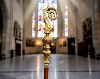 Bâton épiscopal de cérémonie doré | Crosse en aluminium et bois, houlette pastorale