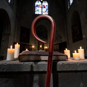 May include: A polished dark brown wooden shepherd's crook with a curved top handle, positioned vertically in front of a thick, weathered leather-bound book. Several white pillar candles are lit, casting a warm glow on the stone surface.