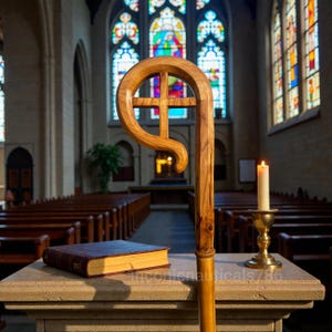 May include: A polished wooden crozier featuring a curved top with an integrated cross design, positioned on a stone pedestal next to a closed leather-bound book and a single lit white candle in a brass holder within a church interior.
