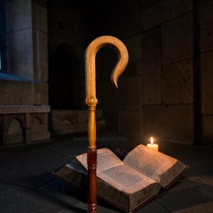 May include: A wooden shepherd's crook with a smooth, curved top and a polished finish, positioned vertically in front of an open, aged book with visible text on its pages, illuminated by the warm, soft glow of a single lit candle nearby.