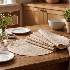 Peut inclure: Une pile de sets de table ronds et beiges en matière tissée enroulée. Les sets de table présentent un motif circulaire concentrique et sont disposés sur une table en bois avec des assiettes en céramique blanche, un vase en verre et une plante.