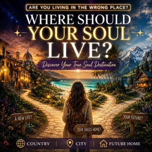 May include: A digital graphic featuring the text ARE YOU LIVING IN THE WRONG PLACE? WHERE SHOULD YOUR SOUL LIVE? Discover Your True Soul Destination. A person with a backpack stands at a fork in a stone path between a coastal city and mountains.