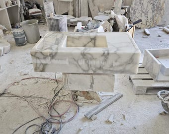 Calacatta Monet Marble Vanity Sink, Grooved Front, Hand-Carved Stone Basins