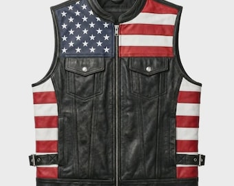 Men's Genuine Leather USA Flag Vest Motorcycle Biker Sleeveless Riding Jacket