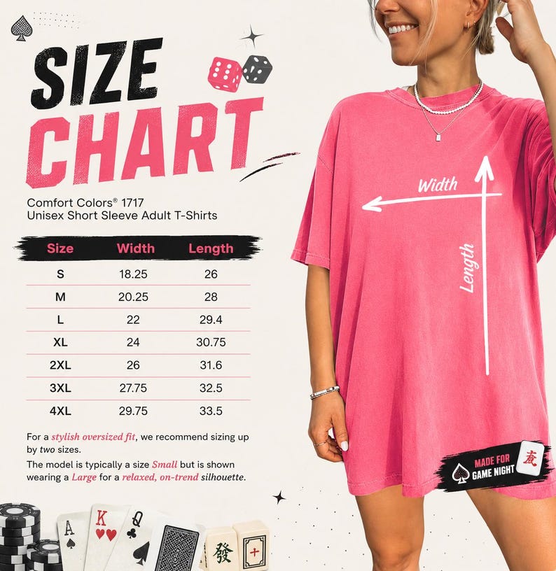 Peut inclure: Un tableau des tailles pour les t-shirts unisexe &agrave; manches courtes Comfort Colors 1717, pr&eacute;sentant un tableau avec des mesures de largeur et de longueur en pouces pour les tailles S &agrave; 4XL, et un t-shirt rose avec des fl&egrave;ches de mesure.