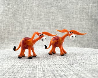 Blown Glass Donkey Figurine Set, Orange Spotted Lampwork Animal, Whimsical Googly Eyes, Unique Collectible Gift, Murano Style Art