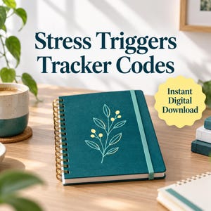 Op de afbeelding: Een blauwgroen spiraalnotitieboek met een gouden botanische lijntekening op de kaft en een bijpassende elastische band. De tekst "Stress Triggers Tracker Codes" en een gele badge met "Instant Digital Download" zijn zichtbaar.