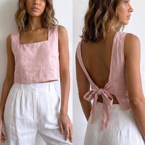 Cotton Linen Square Neck Crop Top, Open Back Tie Bow Blouse