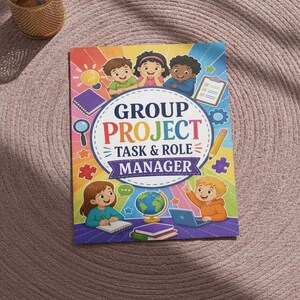 May include: A rectangular book titled Group Project Task & Role Manager with a colorful rainbow background. The cover features cartoon illustrations of five children, a globe, a laptop, a pencil, a magnifying glass, and a clipboard on a purple desk.