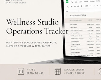 Wellness Studio Operations Tracker | Maintenance Log, Cleaning Checklist & Supplies Reference | Google Sheets Template