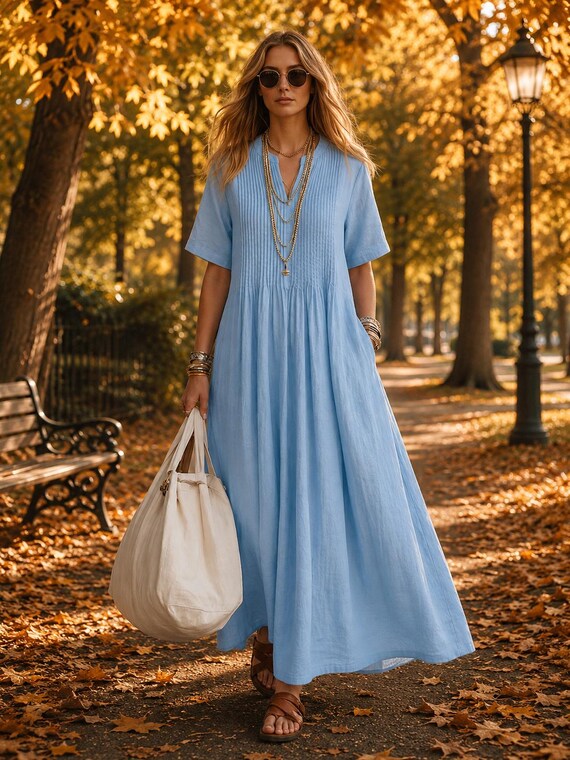cotton linen boho dress Women's V Neck Maxi Dress, Pleated Casual Outfit, With Pockets Bohemian dress Tiered Poplin Belted Mini luncheon soft cotton color:Clear