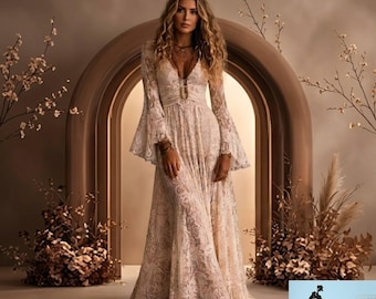 Vestido largo bohemio de encaje romántico / Vestido de novia bohemio con mangas acampanadas hecho a mano // Vestido de novia con escote en V