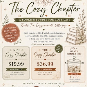 May include: A promotional flyer for Root Awakening The Cozy Chapter bookish bundles. It features text details on bundle options, pricing, and add-ons like a glass simmer pot, tote, and mug. The design includes illustrations of books, tea, and plants.