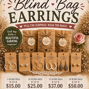 May include: A promotional graphic for Root Awakening blind bag earrings featuring three brown paper bags with twine bows and six display cards showing various earring styles including silver hoops, studs, pearl hoops, and leaf-shaped dangles.