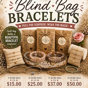 May include: Root Awakening blind bag bracelets display featuring brown paper bags with twine bows and circular tags. Several beaded and metal charm bracelets are arranged on beige fabric pillows and a wooden slice, showcasing various designs.