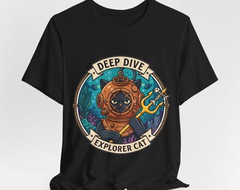 Taucher-Katzen-Shirt, Katzenliebhaber-Geschenk, Vintage-Taucherhelm-Tee, Meeresliebhaber-Shirt, Nautisches Grafik-Tee, Unisex