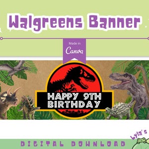 May include: A rectangular birthday banner featuring a central circular logo with a black dinosaur silhouette on a red background, the text "HAPPY 9TH BIRTHDAY," surrounded by various dinosaur illustrations and green tropical leaves on a brown background.