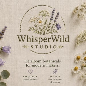 May include: A beige linen background featuring an embroidered floral bouquet of white daisies, lavender, and bluebells. The text reads WhisperWild STUDIO, Heirloom botanicals for modern makers, FAVOURITE Save it for later, and FOLLOW New collections & updates.
