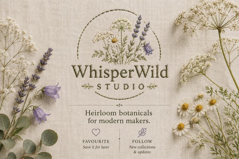 May include: A beige linen background featuring an embroidered floral bouquet of white daisies, lavender, and bluebells. The text reads WhisperWild STUDIO, Heirloom botanicals for modern makers, FAVOURITE Save it for later, and FOLLOW New collections & updates.